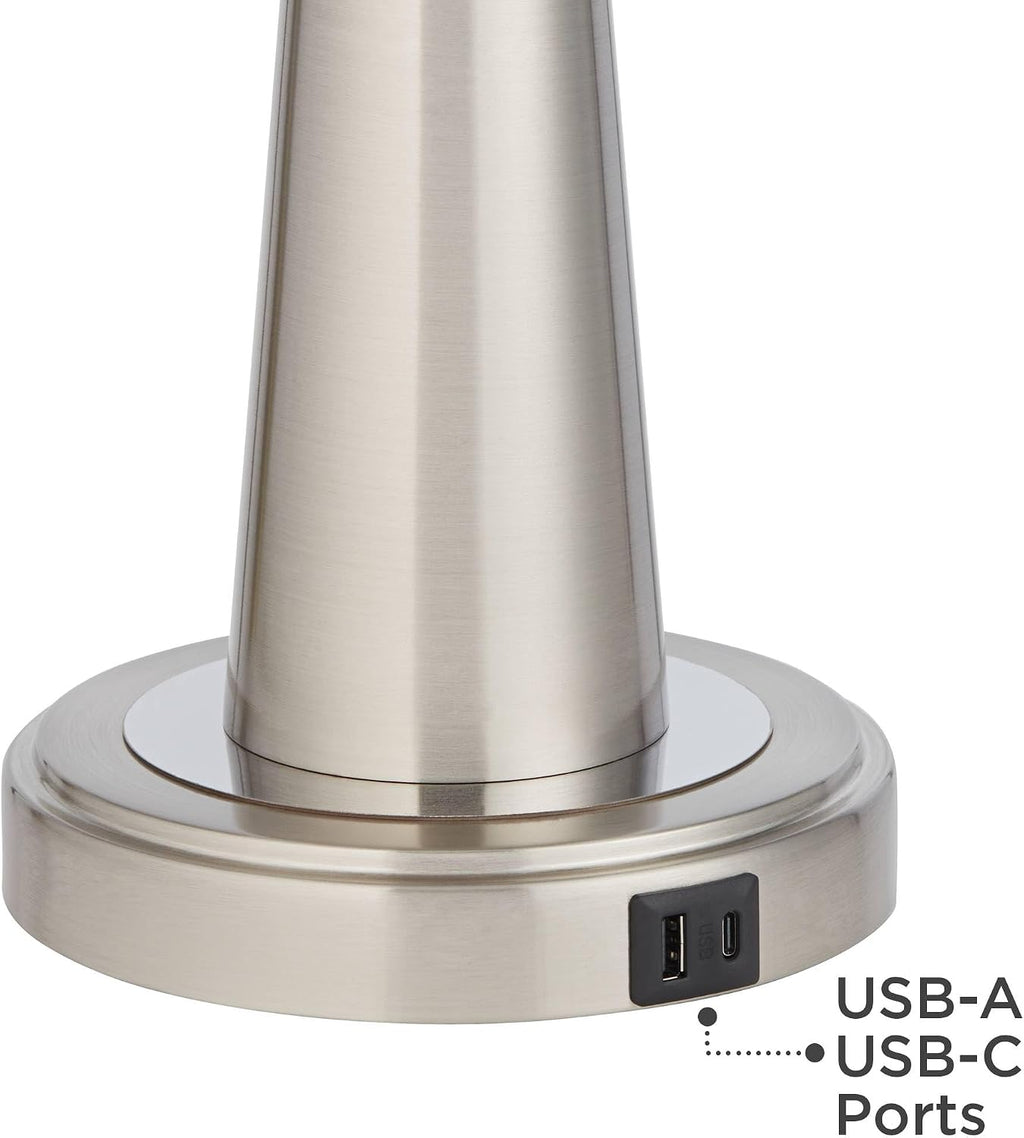 Possini Euro Design Vicki Modern Accent Table Lamps 23' High Set of 2 with USB Charging Port Brushed Nickel Red Faux Silk Drum Shade for Living Room Desk Bedroom House Bedside Nightstand Home