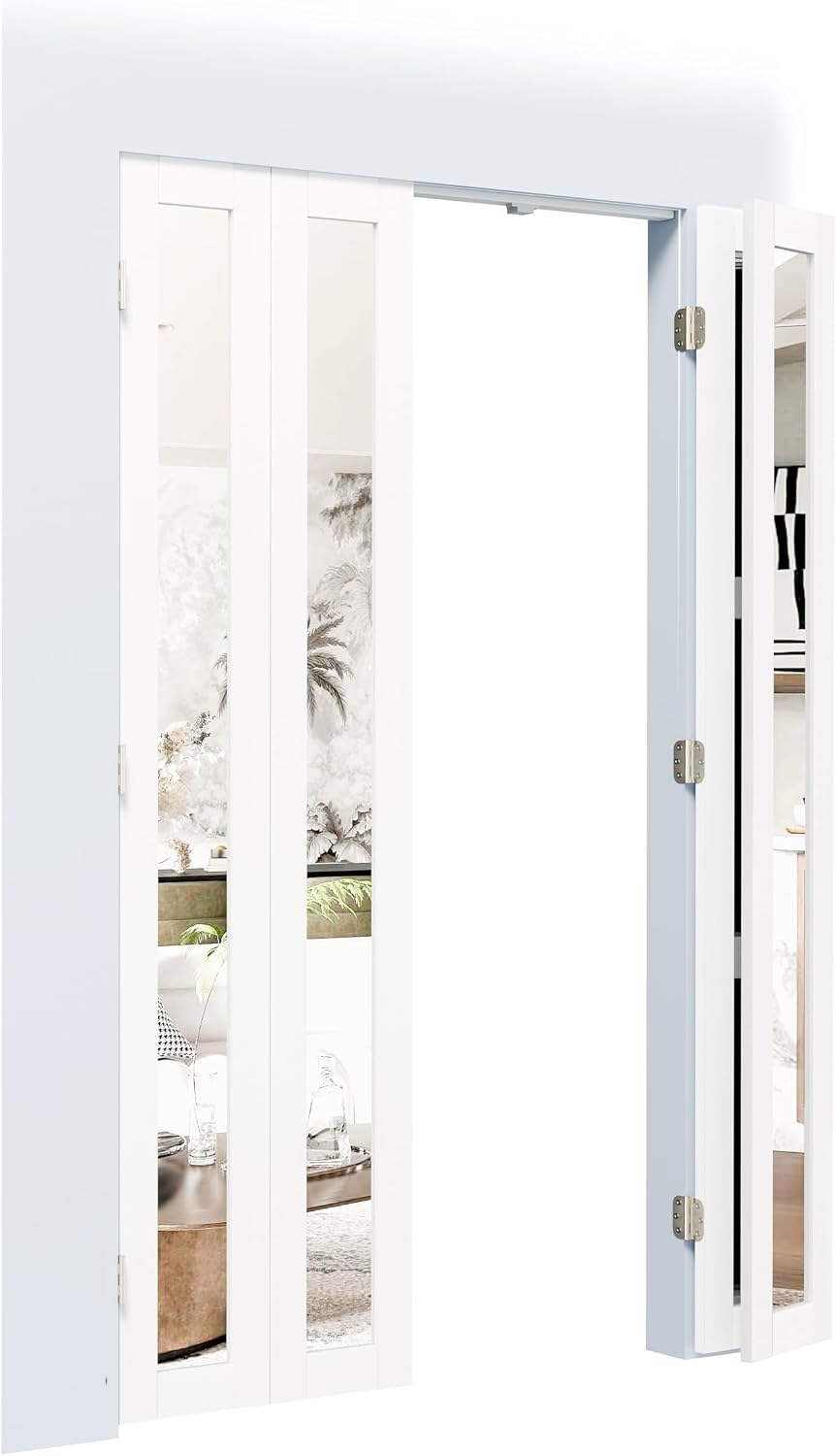 180 Degree Bifold Door, for 60″x 80″ Door Openings, White 1-Lite Mirrored Folding Door with Hinges Hardware Set, Full Access Bifold Closet Doors Perfect for Interior Openings