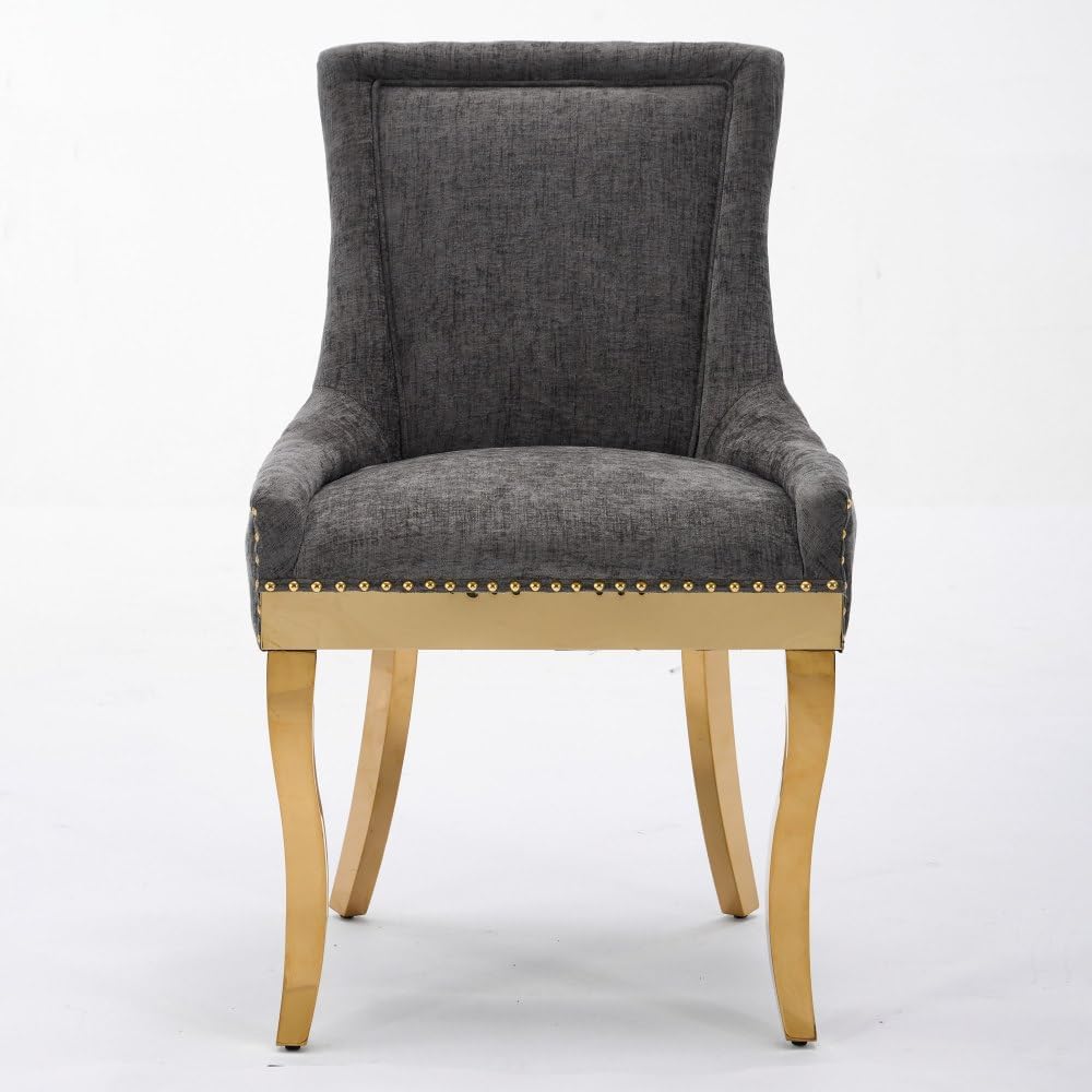 Chenille Dining Chairs Set of 2, Modern Upholstered Accent Chairs with Curved Gold-Plated Legs & Rivet Trim, Textured Fabric, One-Piece Structure for Dining/Lounge(Gray + Chenille)