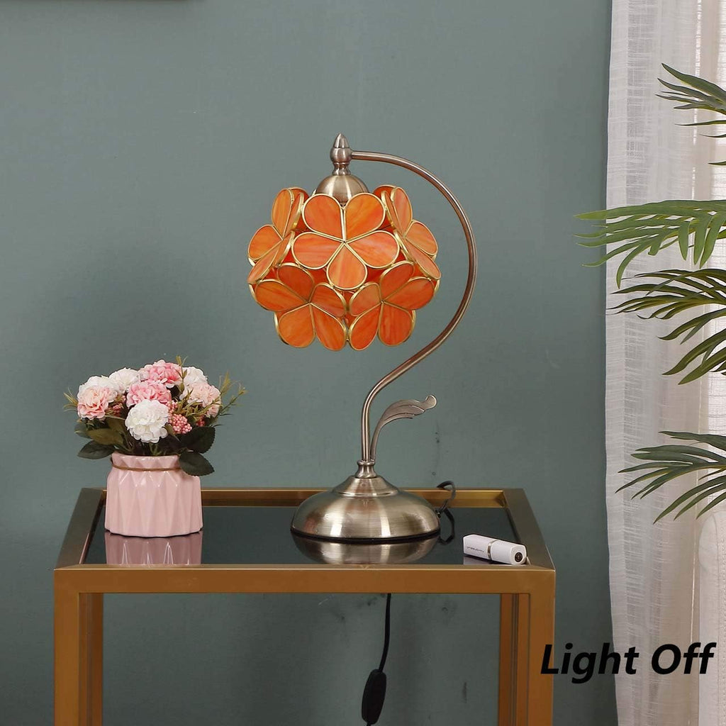 Bieye L10753 Tiffany Style Stained Glass Flower Petal Table Lamp with Brass Base for Home Décor (Orange, 8' Cherry Blossom)