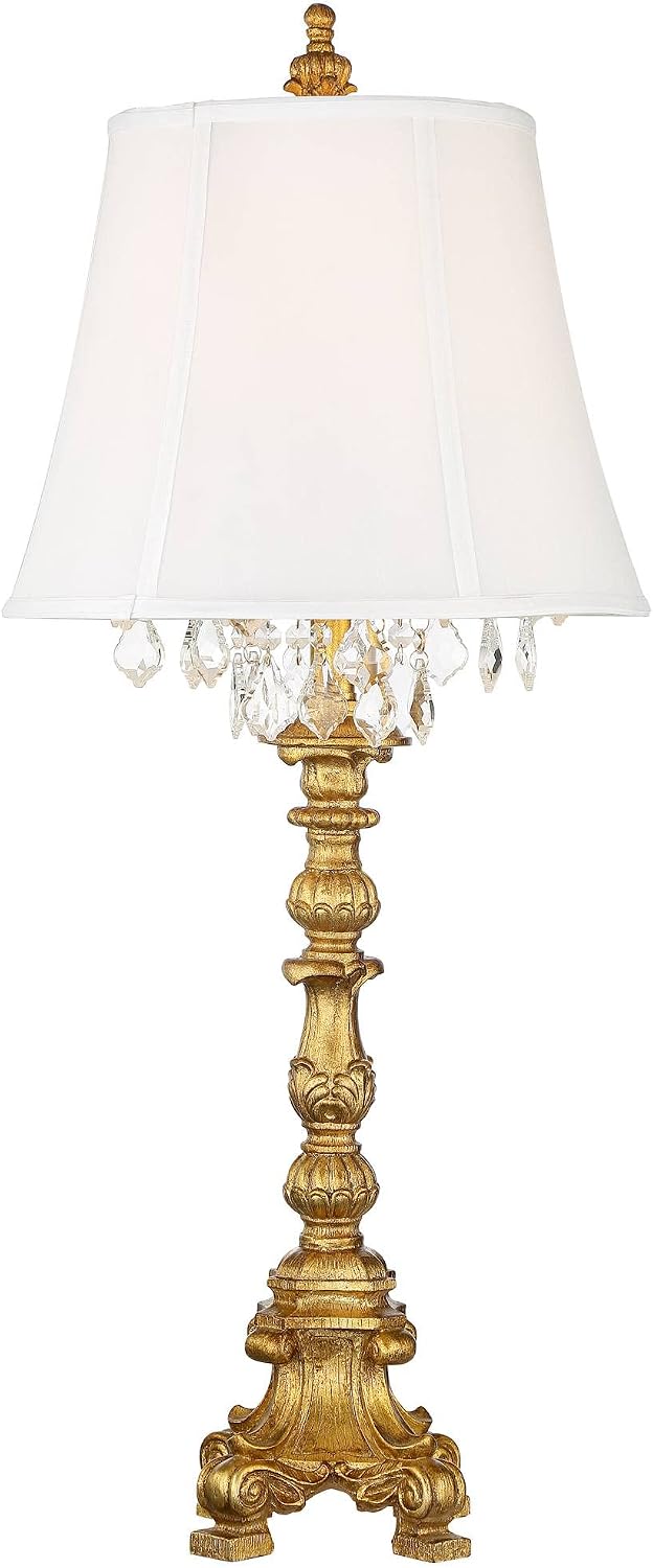 Barnes and Ivy Duval Traditional French Style Table Lamp 34' Tall Bright Gold Candlestick Crystal White Fabric Bell Shade for Living Room Bedroom House Bedside Nightstand Home Office Entryway