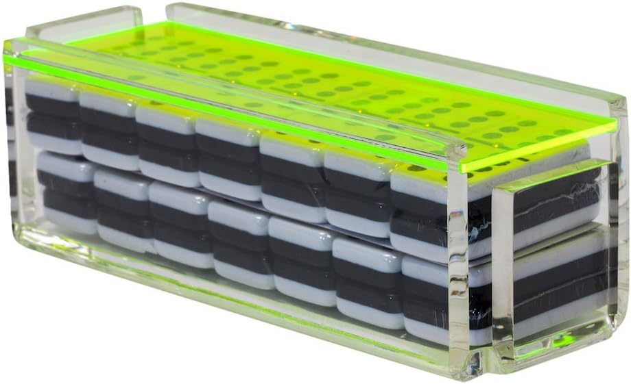 Modern Double Six Jumbo Tiles Dominoes Set, Acrylic Box with Acrylic Lid, Professional Two Toned Black and White Dominoes, Brass Center Rivet, Made in USA (Neon Green)