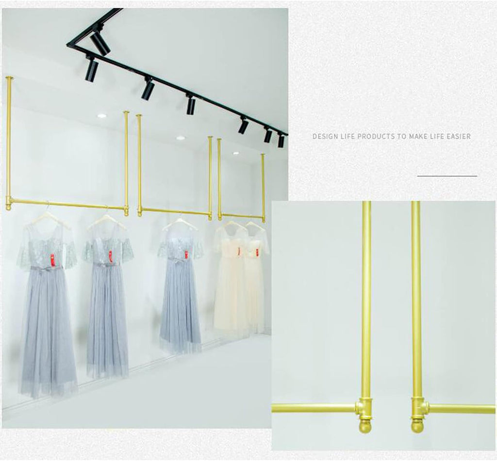 Wall-Mounted Clothing Display Rack, Heavy-Duty Multifunctional Metal Clothes Rail, Bridal Shop Shelf Ceiling Hanger, Clothes Storage Organizer(Golden-100Cmx120Cm