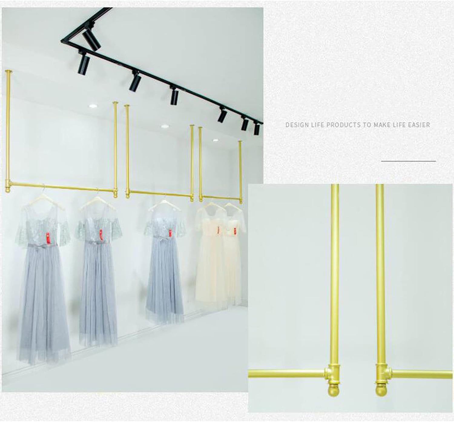 Wall-Mounted Clothing Display Rack, Heavy-Duty Multifunctional Metal Clothes Rail, Bridal Shop Shelf Ceiling Hanger, Clothes Storage Organizer(Golden-100Cmx120Cm