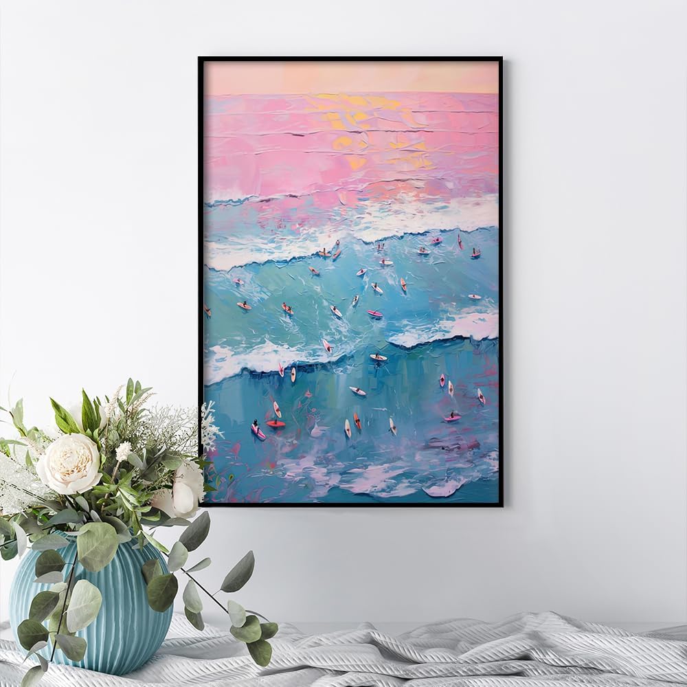 Trendy Summer Wall Art Blue Beach Poster Pink Sky Canvas Preppy Ocean Surf Print Beachy Painting Coastal Picture Aesthetic for Teen Girls Dorm Bedroom Apartment Decoration 24x36inch Metal Black Framed