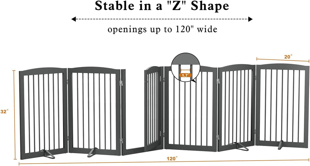 PUPETPO Freestanding Pet Gate with Door, Tall Dog Gate for House, Extra Wide, Pet Puppy Safety Fence, Support Feet Included, 120 Inch Wide, 6 Panels 32' Tall, Gray