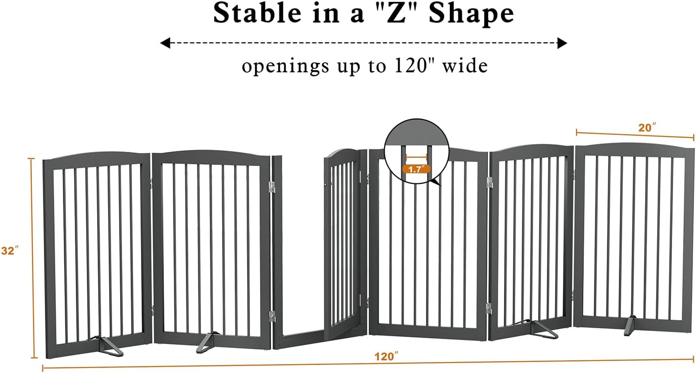 PUPETPO Freestanding Pet Gate with Door, Tall Dog Gate for House, Extra Wide, Pet Puppy Safety Fence, Support Feet Included, 120 Inch Wide, 6 Panels 32' Tall, Gray