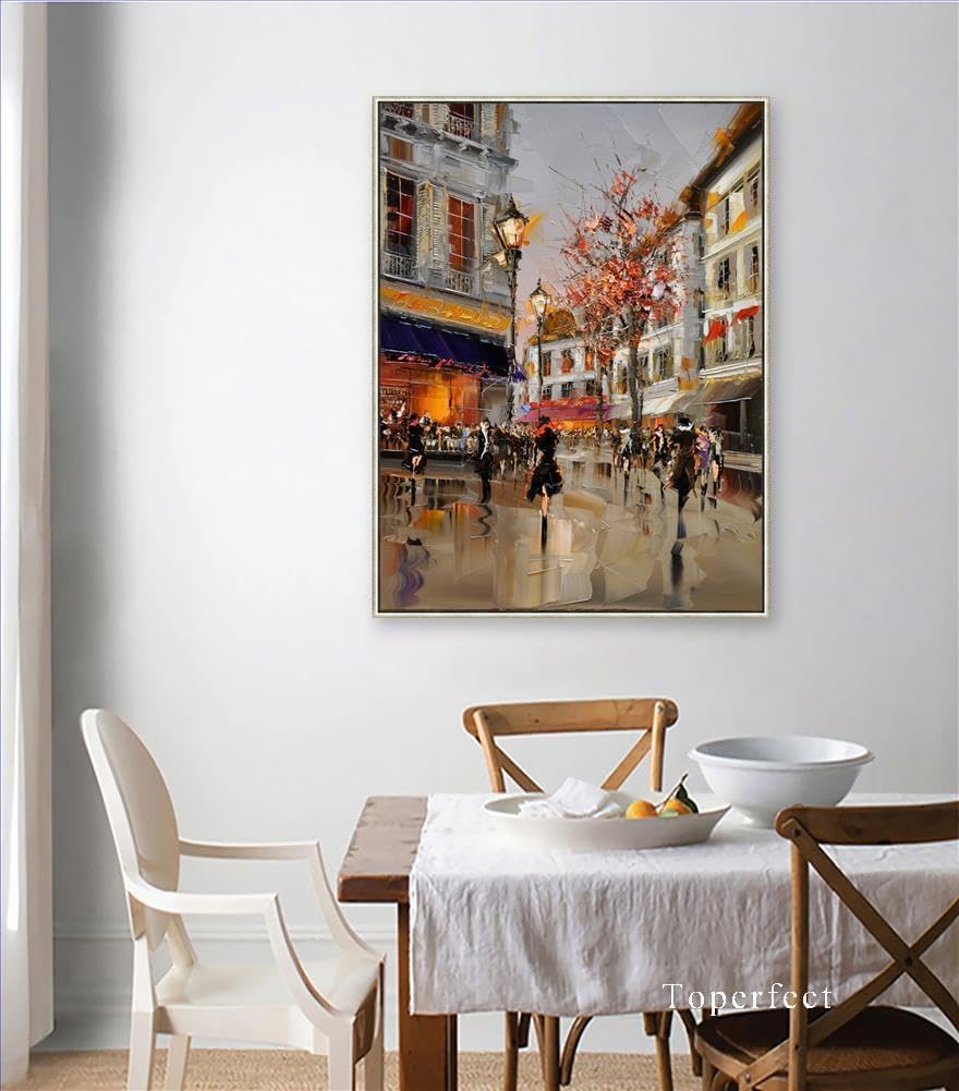 24 Modern Contemporary Cityscape Oil Painting - Art on Canvas Featuring Pink Blossoming Trees, Urban Streets, and Stylish Girls. Handmade European Artwork by College Teachers, Perfect for Home decor