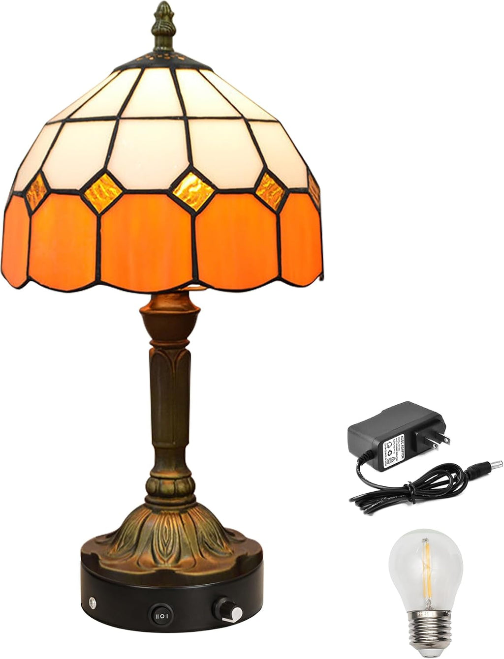 Kiven Cordless Table Lamp, Dimmable Bedside Lamps for Nightstand with Orange Glass Lampshade, Tiffany-Style Rechargeable Desk Lamp for Reading Home Decor Bedside,1-Light