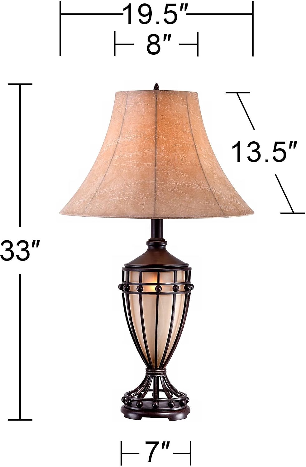 Franklin Iron Works Cardiff Traditional Rustic Urn-Shaped Table Lamps 33' Tall Set of 2 with Nightlight Brushed Iron Cage Champagne Glass Beige Fabric Bell Shade for Living Room Bedroom House