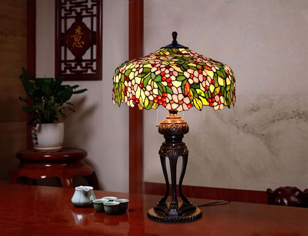 Pink Stained Glass Green Leaves Table Lamp, 20 Inch Tiffany Style Pastoral Cherry Blossom Bedroom Bedside Lamp, Living Room Office Table Decoration Lamp with Pull Cord Switch,A