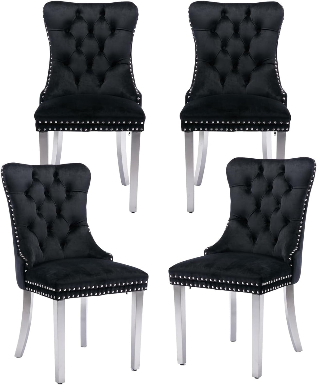 Velvet Dining Chairs Set of 4, Tufted Upholstered Dining Room Chairs with Back Ring Pull, Nailhead Trim and Sliver Stainless Steel Legs, Modern Dining Chairs for Dining Room, Kitchen(Black)