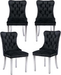 Velvet Dining Chairs Set of 4, Tufted Upholstered Dining Room Chairs with Back Ring Pull, Nailhead Trim and Sliver Stainless Steel Legs, Modern Dining Chairs for Dining Room, Kitchen(Black)
