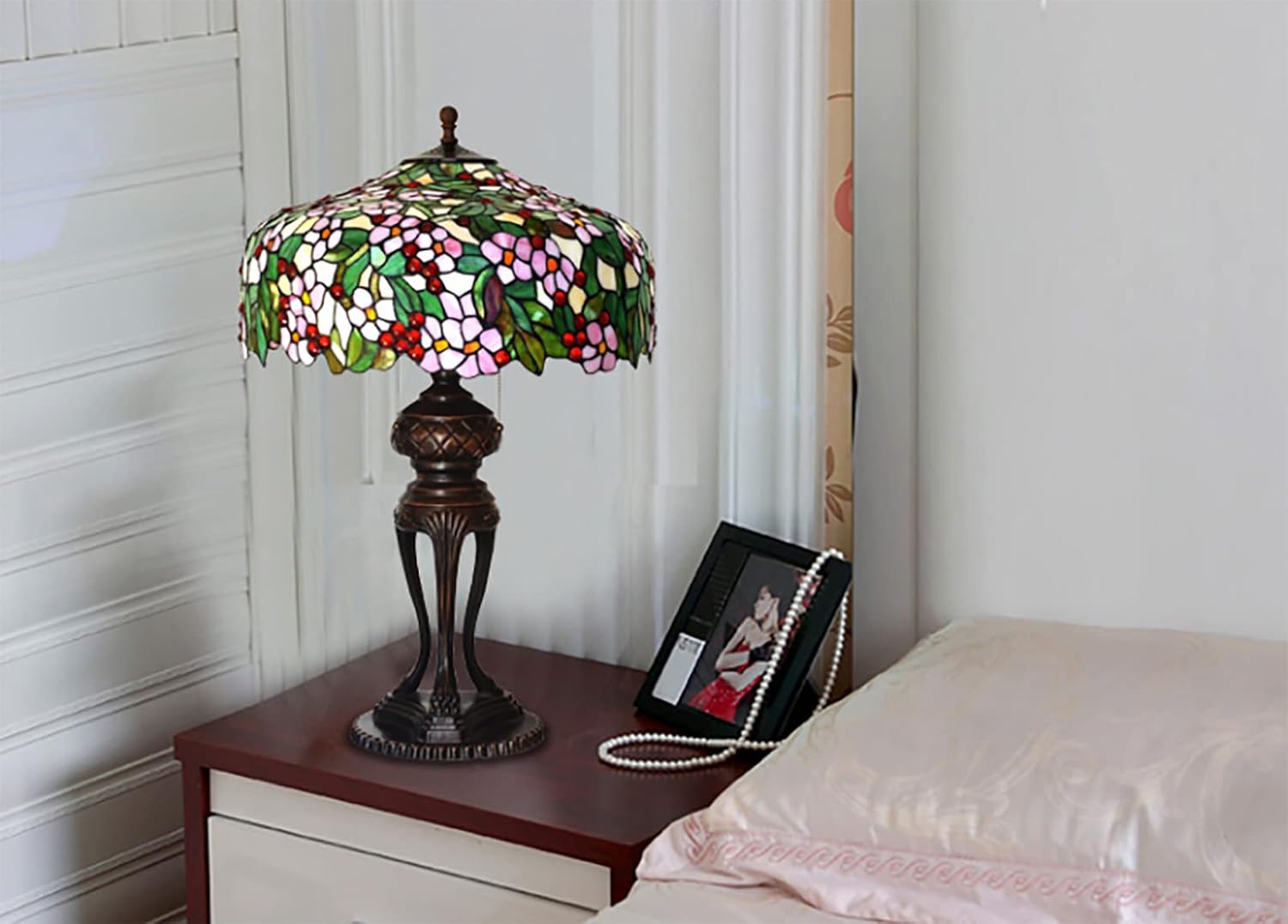 Pink Stained Glass Green Leaves Table Lamp, 20 Inch Tiffany Style Pastoral Cherry Blossom Bedroom Bedside Lamp, Living Room Office Table Decoration Lamp with Pull Cord Switch,A