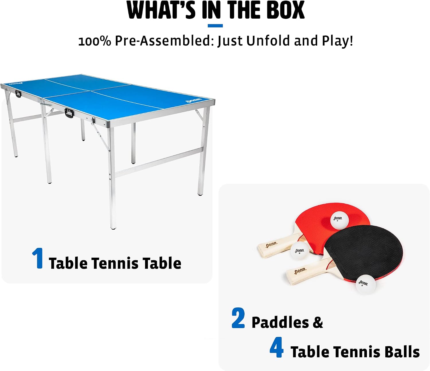 EastPoint Space Saver Table Tennis Table - Assembled, Blue, 6 ft x 3 ft - Weatherproof for Outdoor Ping Pong - Paddles & Balls for Instant Ping Pong Play