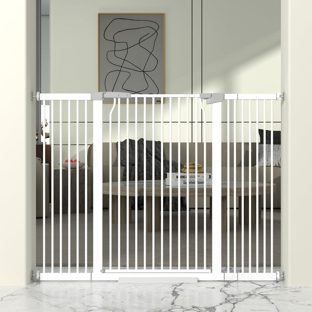 41' Extra Tall Cat Gate for Doorway, 49.2-54.7 Metal Pet Baby Safe Gate, Extra Wide Pressure Mounted Child Door with Expansion Kit, No Drilling No Climb Cat Fence Indoor, Tall Dog Gate, White