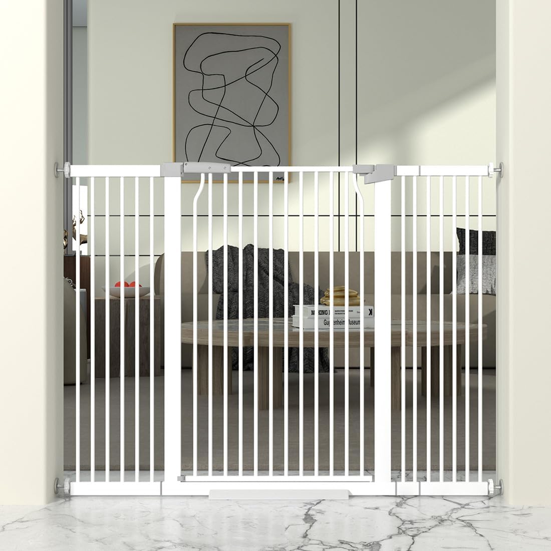41' Extra Tall Cat Gate for Doorway, 49.2-54.7 Metal Pet Baby Safe Gate, Extra Wide Pressure Mounted Child Door with Expansion Kit, No Drilling No Climb Cat Fence Indoor, Tall Dog Gate, White
