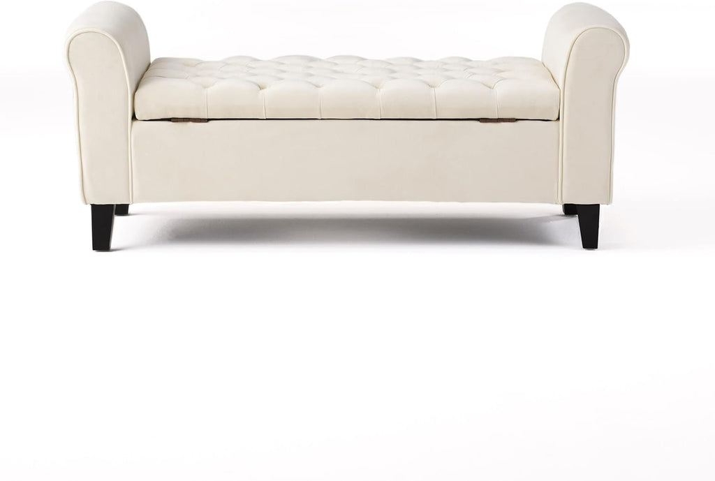 Upholstered Storage Bench, 50-inch Ivory Fabric with Rivet-Trimmed Armrests and Black Legs Bedroom Upholstered Window Seat Bench Storage Bench Suitable for Living Rooms, Bedrooms, and Entryways