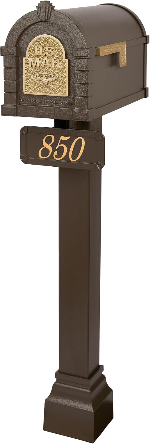 Gaines - Keystone Standard Post and Mailbox Package with Personalized Address Plaque and Decorative Cuff (Bronze with Polished Brass Eagle)
