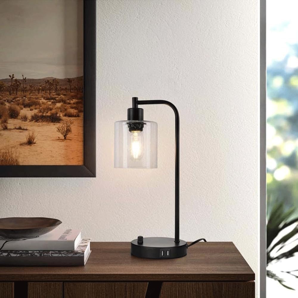Industrial Vintage Metal Glass Desk Light Knob Dimmer Switch USB Cell Phone Charging Bedroom Bedside Desk Lamp Living Room Study Room Table Lamp Dormitory Apartment Office Lighting Fixture