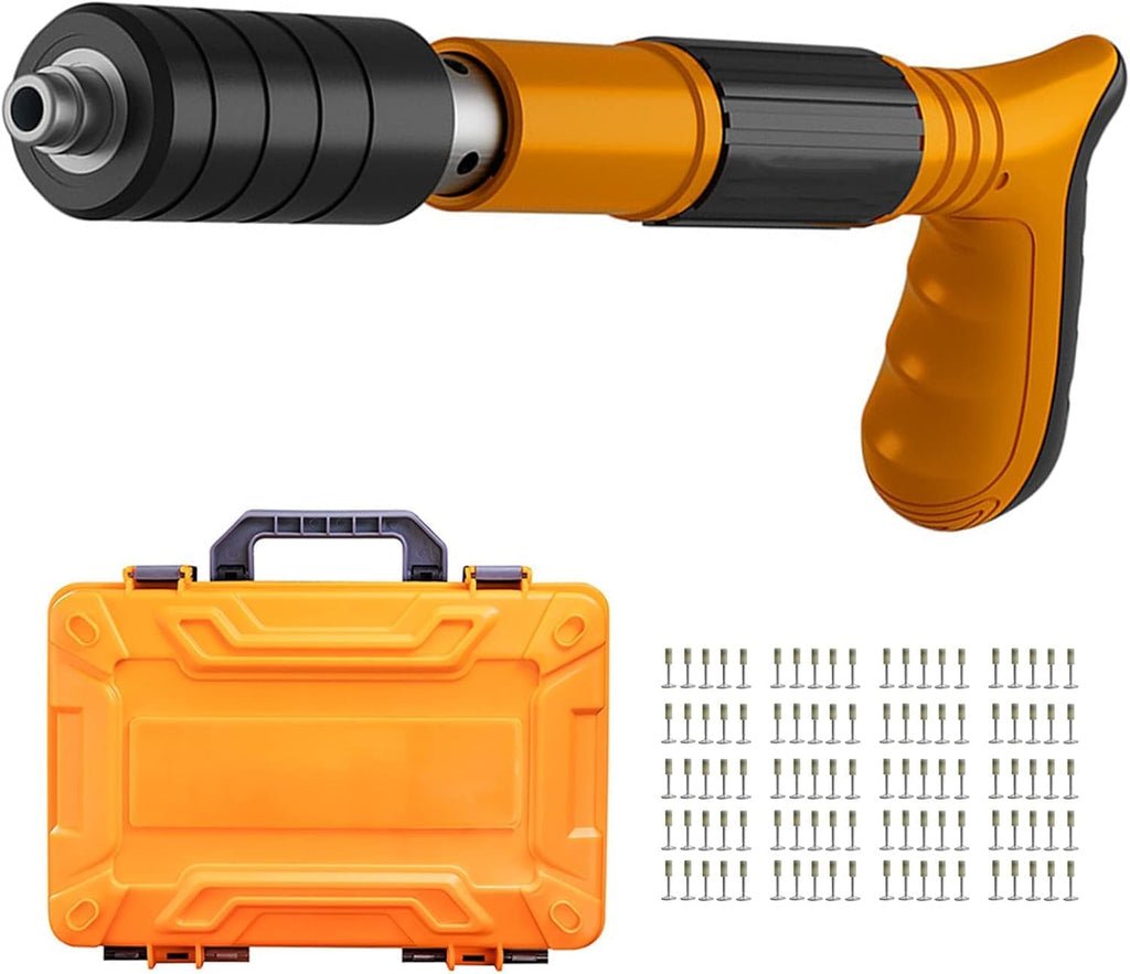 Manual Rivet Gun Tool with 100 Steel Nails, Double Silencer Design, Concrete Wall Anchor Fastener for Brick, Wood, Aluminum, Metal Construction with Carrying Case