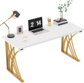LITTLE TREE 55'' Large Modern Computer Desk, White & Gold Luxury Laptop PC Student Table, Makeup Vanity Table with Thick Frame & Strong Legs, Sturdy Writing Workstation for Home & Office