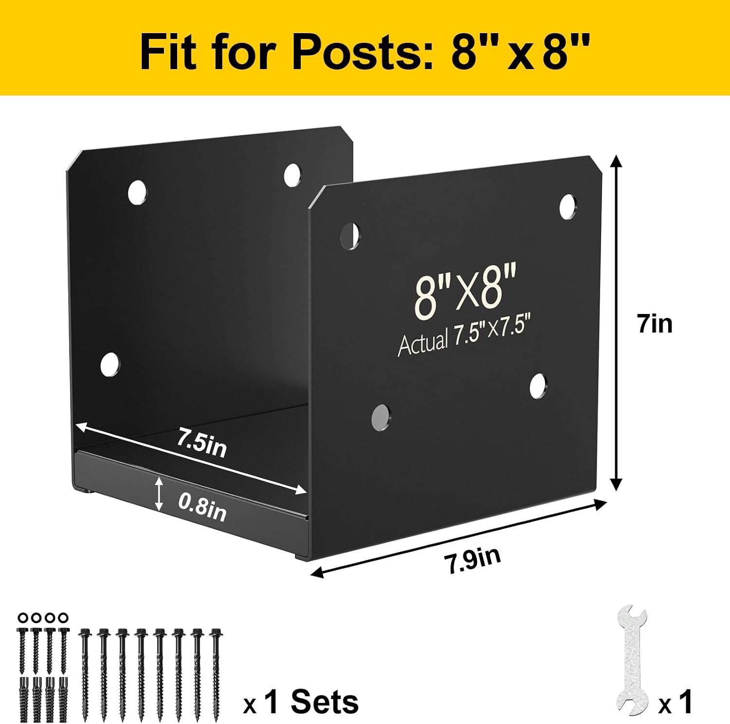 FMhotu 8x8 Stainless Steel Post Base,Internal 7.5 x 7.5 Anchor Bracket,Deck Concrete Support Anchor for Deck Railing, Fences, Mailboxes (2Pcs Black)