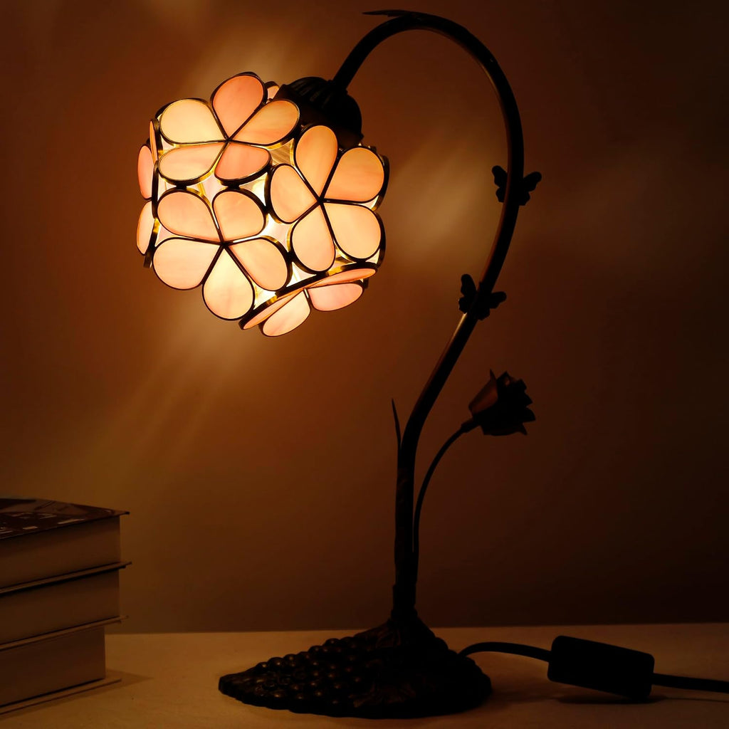 Tiffany Lamp Stained Glass Pink Small Flower Petal Table Lamp with Metal Leaf Resin Base 10X6X16 Inches Desk Reading Light