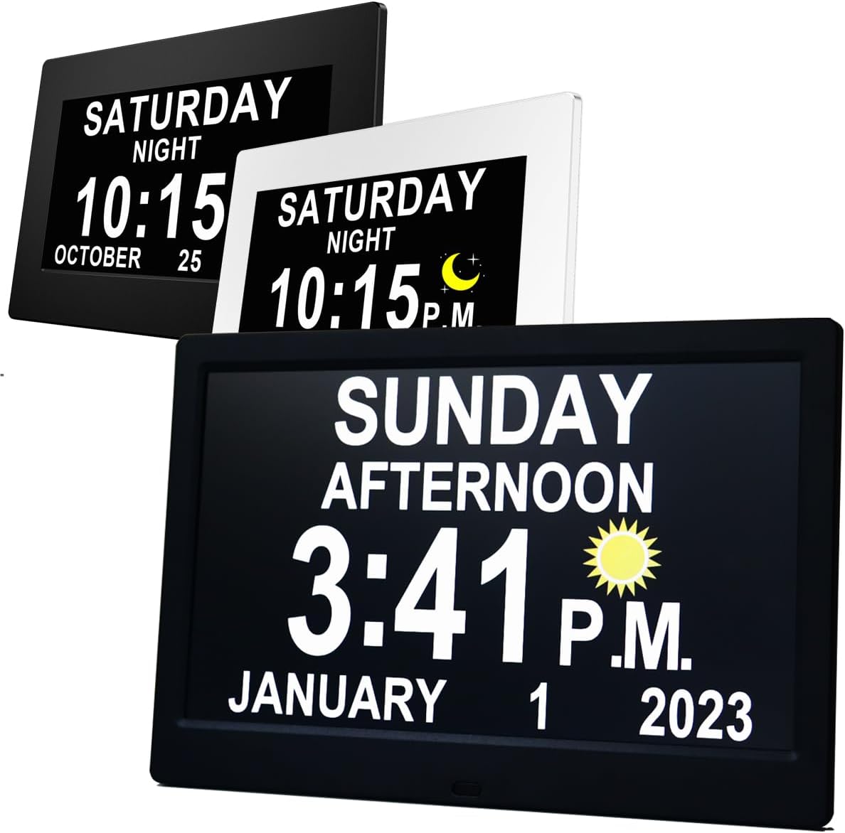 MASSII 11.5' Black+ 7' Black +7' White Digital Clock with Auto DST and 20 Alarms Custom Reminders, Non-Abbreviated Calendar Day Date Clock for Seniors Dementia Alzheimers'