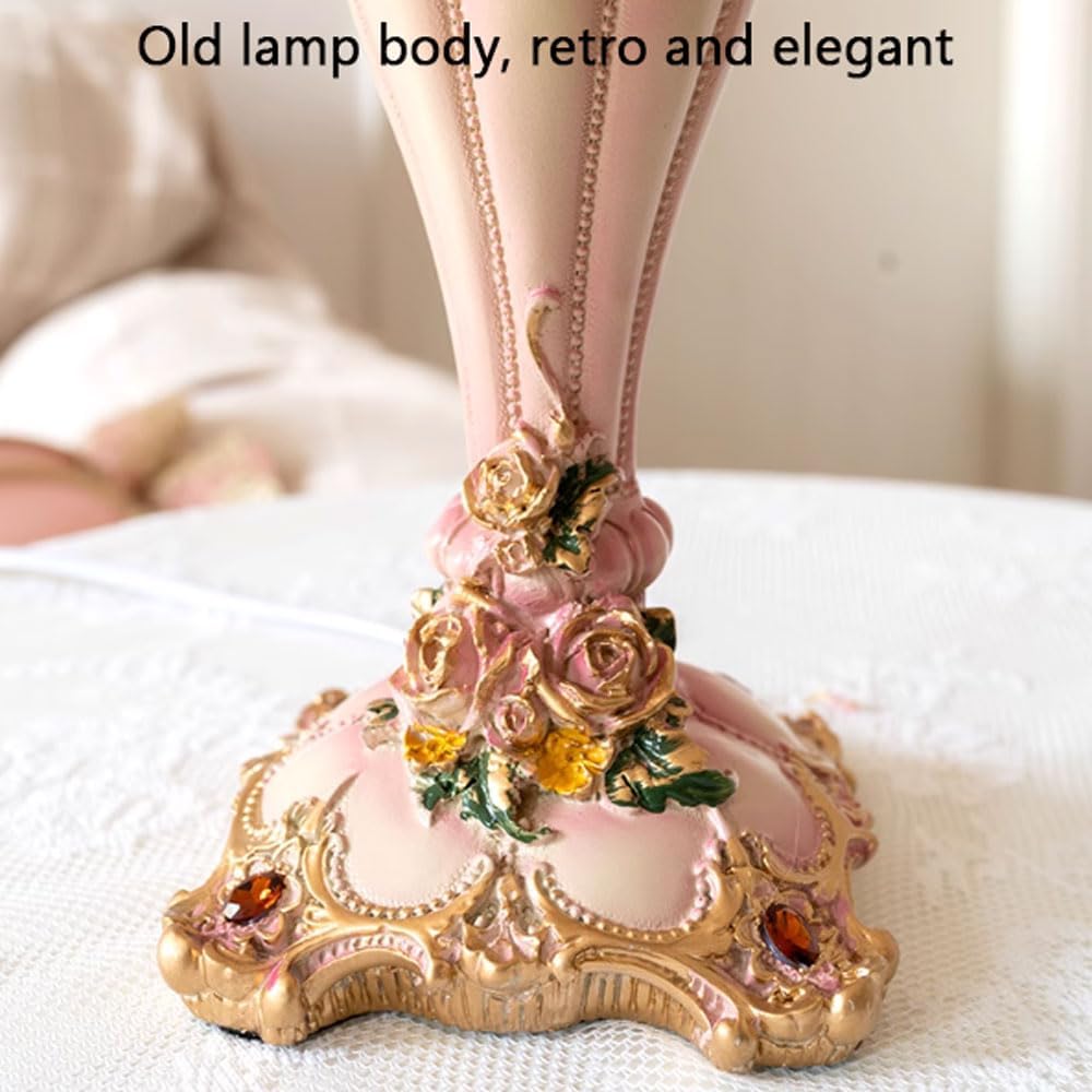 European Style Pink Table Lamp Lace Bow Fabric Drum Shade and Antique Resin Base Decor Classic Bedside Desk Nightstand Lamp for Girl's Bedroom Living Room