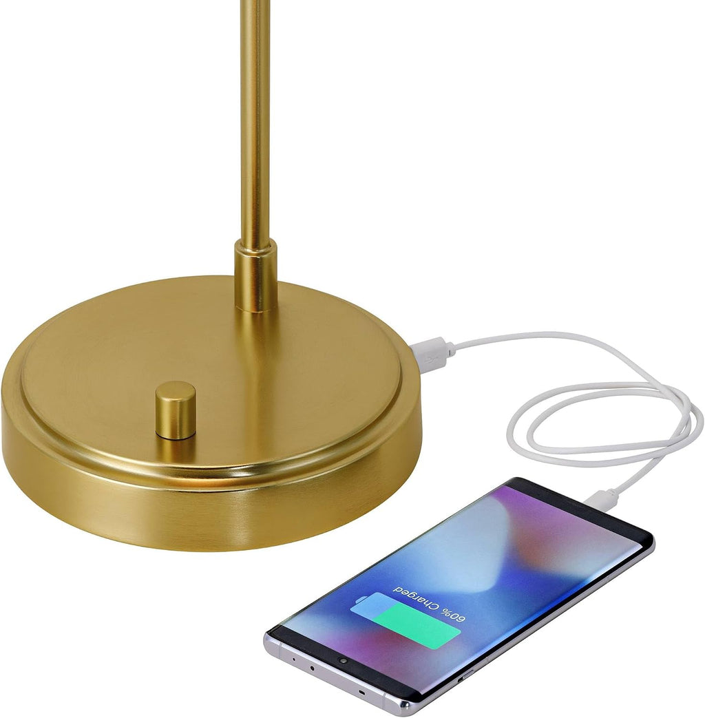360 Lighting Kelowna 25' High Modern Desk Lamp with USB Charging Ports A+C and AC Power Outlet Gold Antique Brass Finish Metal White Globe Shade Home Office Living Room Bedroom