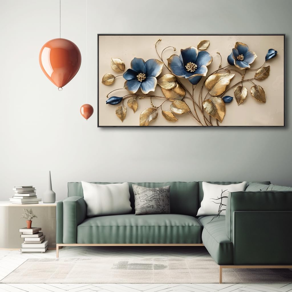 Solid wood Framed blue 3D Flowers Wall Art for Bedroom Home Decor Artwork for Wall Blue Abstract Background Golden leaf Wall Decor Canvas Print Office Living Room Decor Ready to Hang 24x48inch