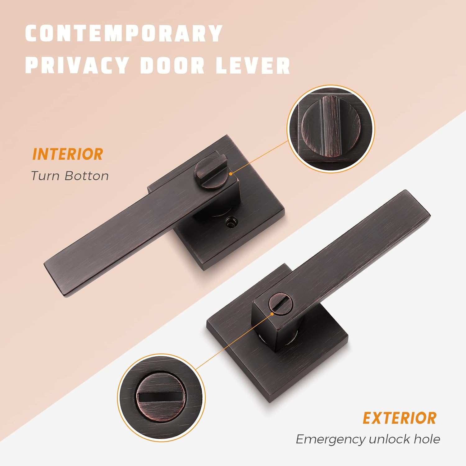 KNOBWELL 4 Pack Bronze Lever Door Handle Privacy Door Knob, Heavy Duty Square Door Knob with Lock for Bedroom Bathroom Office
