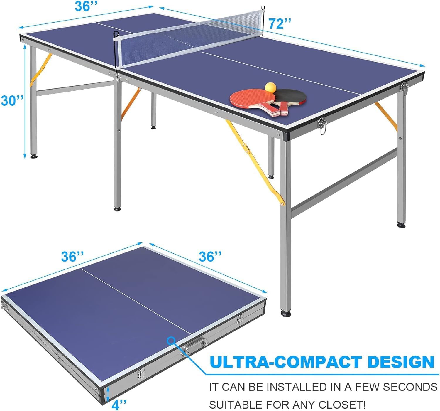 Professional Table Tennis Tables, Indoor/Outdoor Portable Ping Pong Table Game with Net,2 Tennis Paddles and 3 Balls for Easy Movement Perfect Christmas New Year Holiday Season Gifts