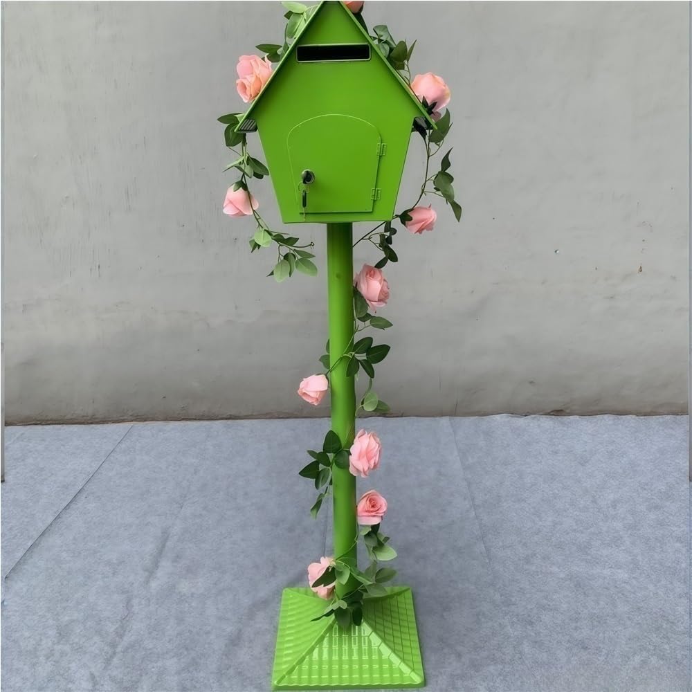Iron Post Mailbox with Stand, Decorative Cottage Mail Box with Artificial Flowers, Outdoor Mailbox for Courtyard and Exterior Use(Green)