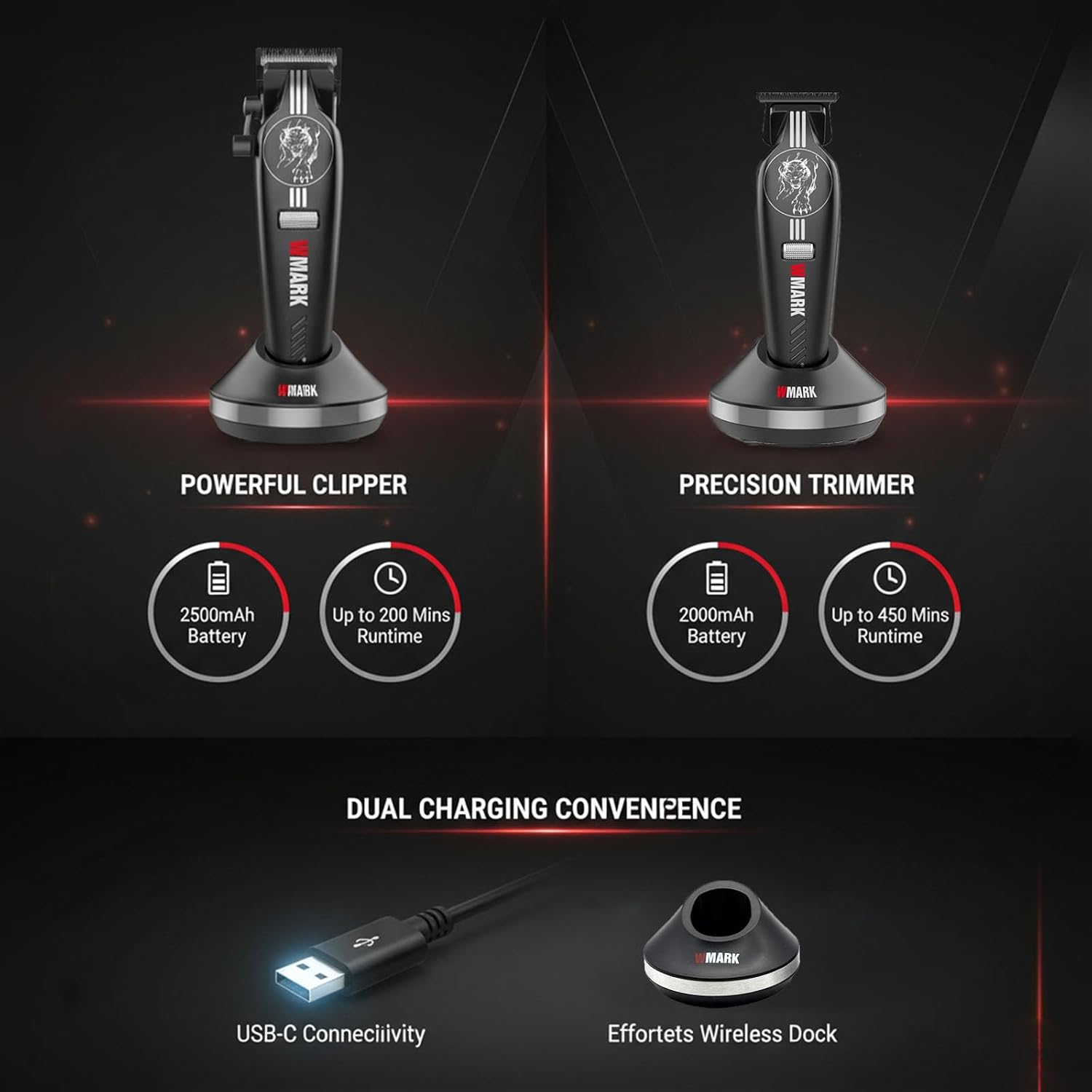 WMARK Hair Clippers for Men Professional Barber Clippers for Hair Cutting Cordless Clippers and Trimmers Set, Stepless Speed Control, Long Battery Life, DLC Titanium Ceramic Fade Blades NG-8634KIT