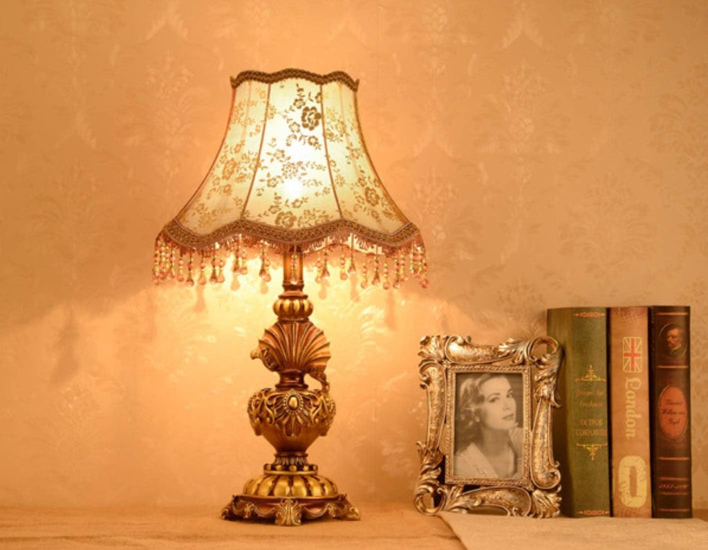 Victorian Style Table Lamp Handmade Traditional Brown Gold Lace Fabric Bedside Lamp Antique Painted Resin Base Desk Lamp for Bedroom Living Room Office, 13' W, 21.6' H. (A1)
