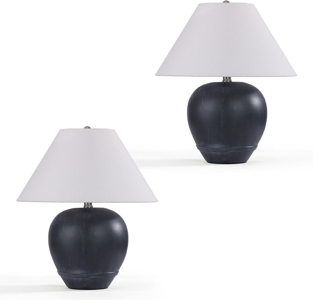 Pia Ricco 21'' Medium Size Black Glossy Ceramic Base Ceramic Basin Table Lamp Set of 2 for Bedroom, Living Room, Dining Room, Office, White Shade,Black Base