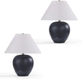 Pia Ricco 21'' Medium Size Black Glossy Ceramic Base Ceramic Basin Table Lamp Set of 2 for Bedroom, Living Room, Dining Room, Office, White Shade,Black Base