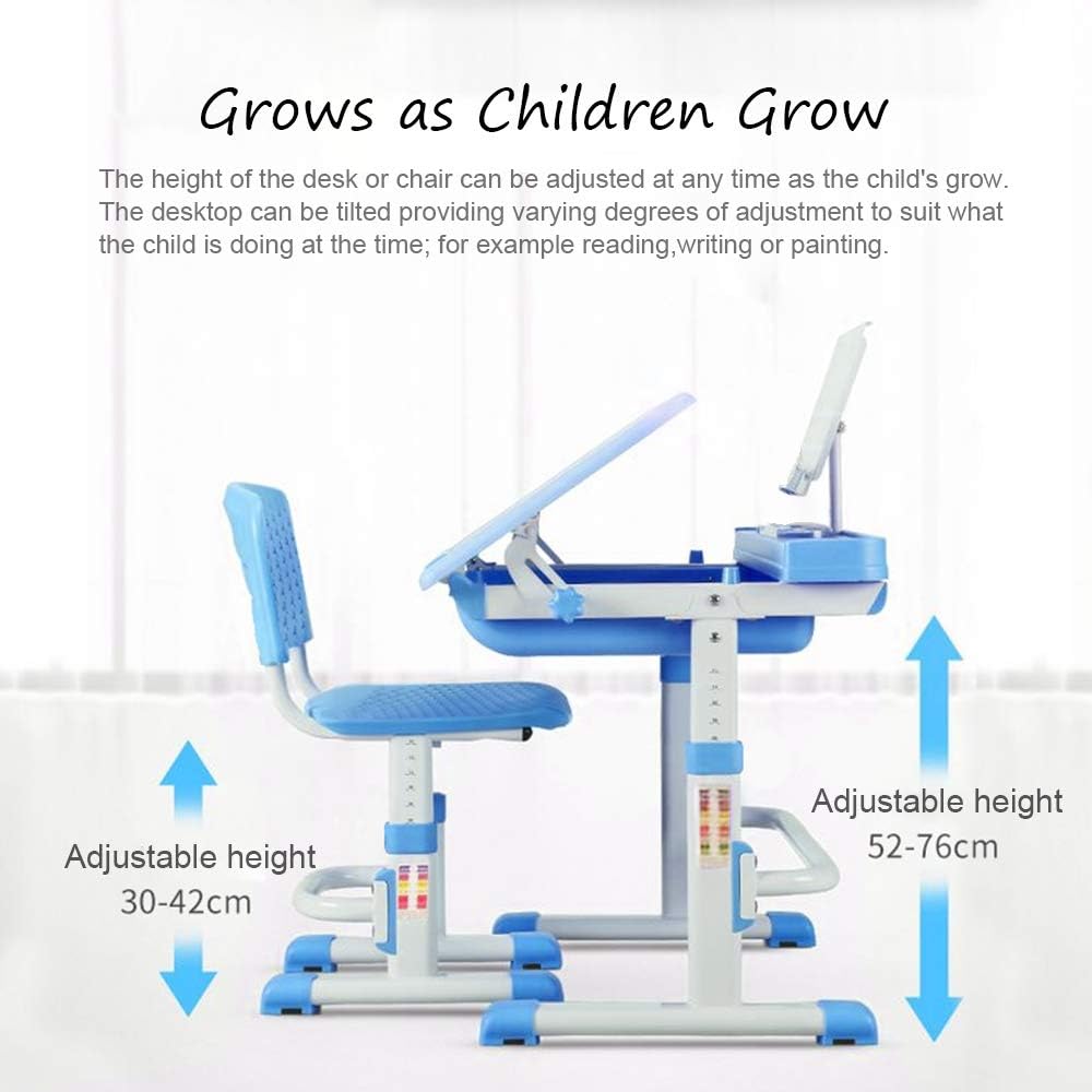 Cantonape Kids Desk and Chair Set, Height Adjustable Children School Study Desk with Tilt Desktop, Bookstand, LED Lamp, Metal Hook and Storage Drawer for Boys Girls, Blue