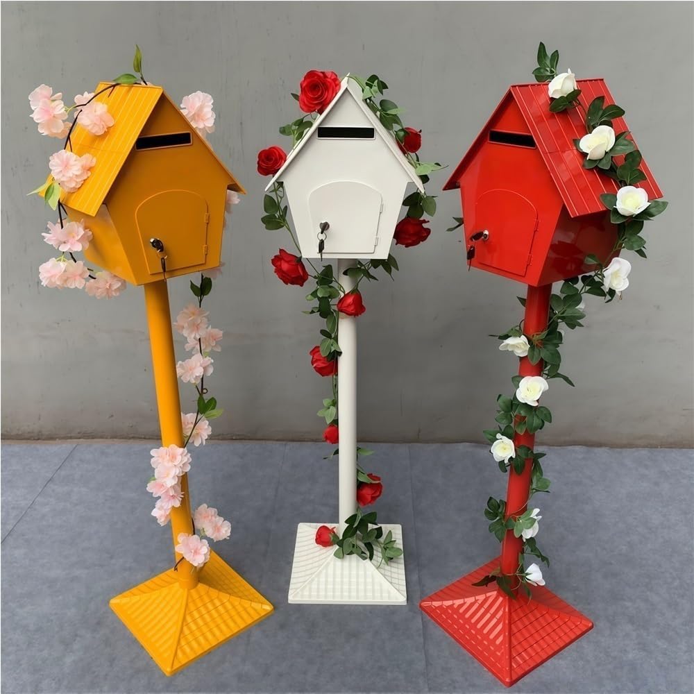 Iron Post Mailbox with Stand, Decorative Cottage Mail Box with Artificial Flowers, Outdoor Mailbox for Courtyard and Exterior Use(Orange)