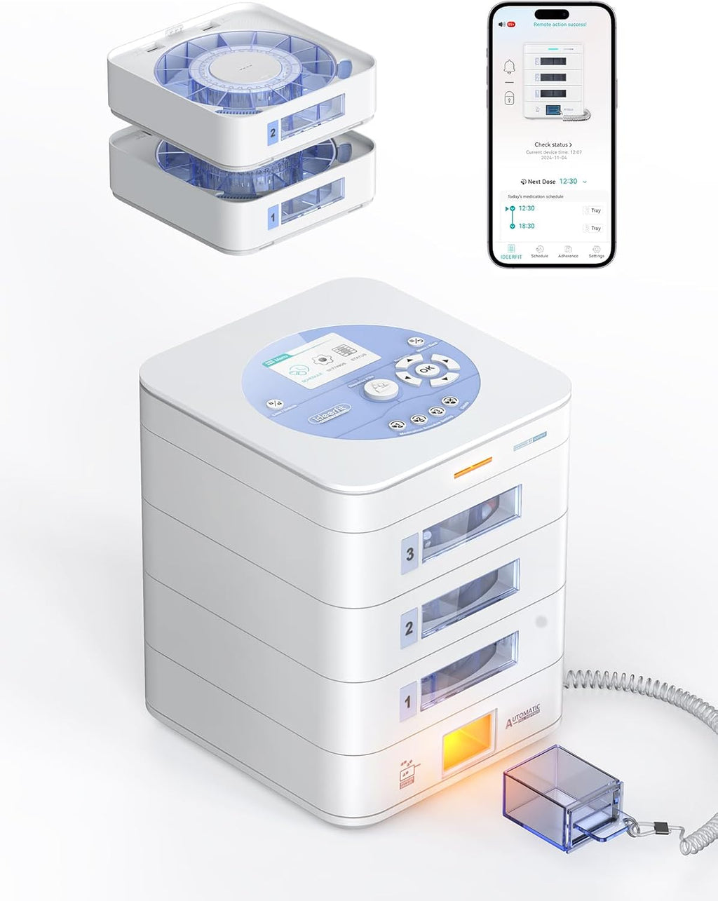 42-Day(1X) Automatic Pill Dispenser (Expandable Tray) – App & On-Device Setup by Family, LCD Display, Digital Lock, Sound & Light Alerts –Safe Medication Organizer for Dementia Seniors (3-Tray, White)