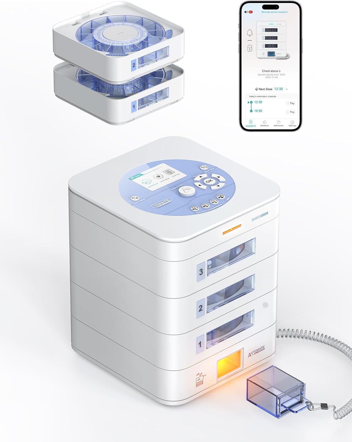 42-Day(1X) Automatic Pill Dispenser (Expandable Tray) – App & On-Device Setup by Family, LCD Display, Digital Lock, Sound & Light Alerts –Safe Medication Organizer for Dementia Seniors (3-Tray, White)