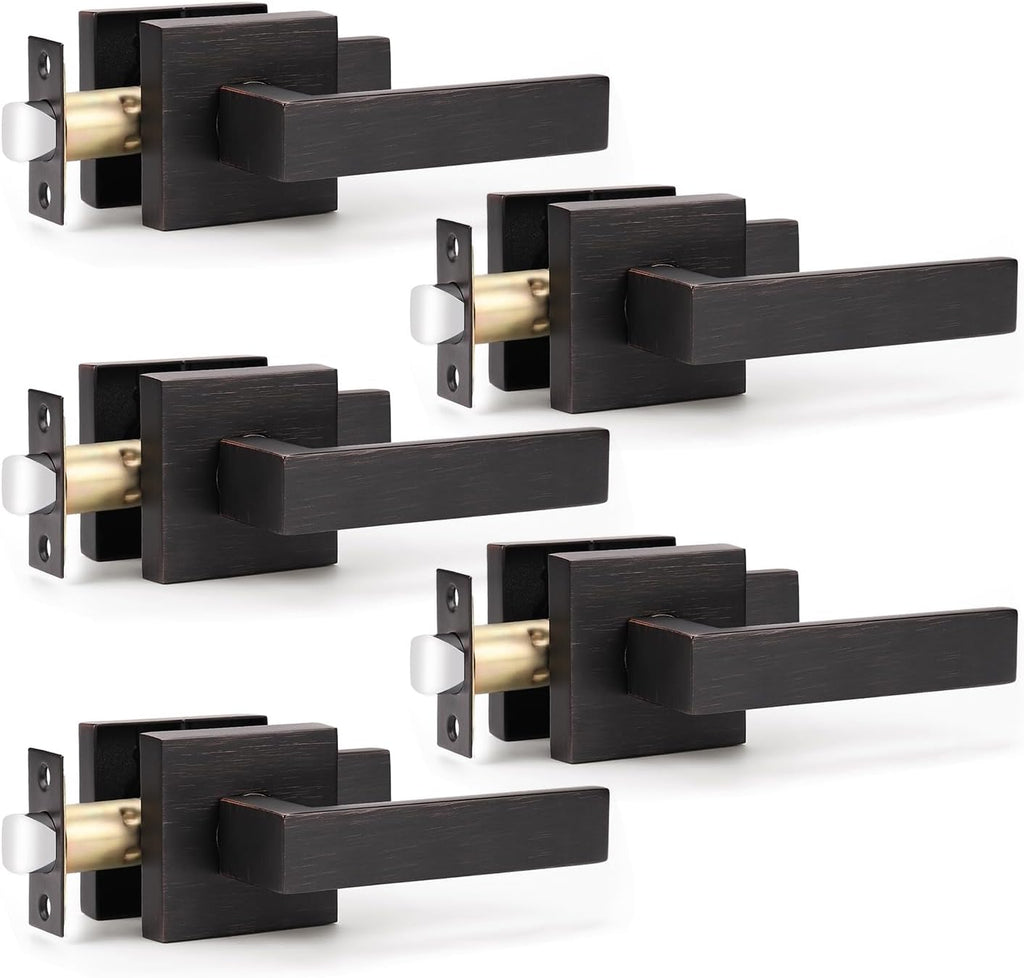 KNOBWELL 5 Pack Brushed Bronze Door Handle No Locking, Modern Square Passage Door Handle Interior Closet Door Knob for Hallway Pantry