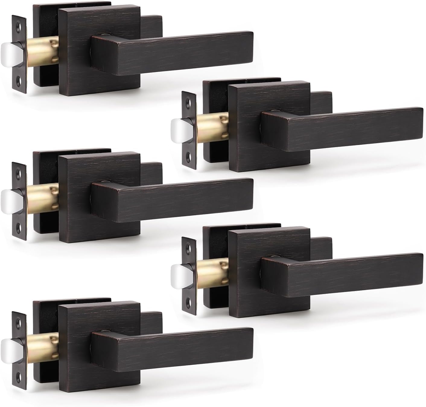 KNOBWELL 5 Pack Brushed Bronze Door Handle No Locking, Modern Square Passage Door Handle Interior Closet Door Knob for Hallway Pantry