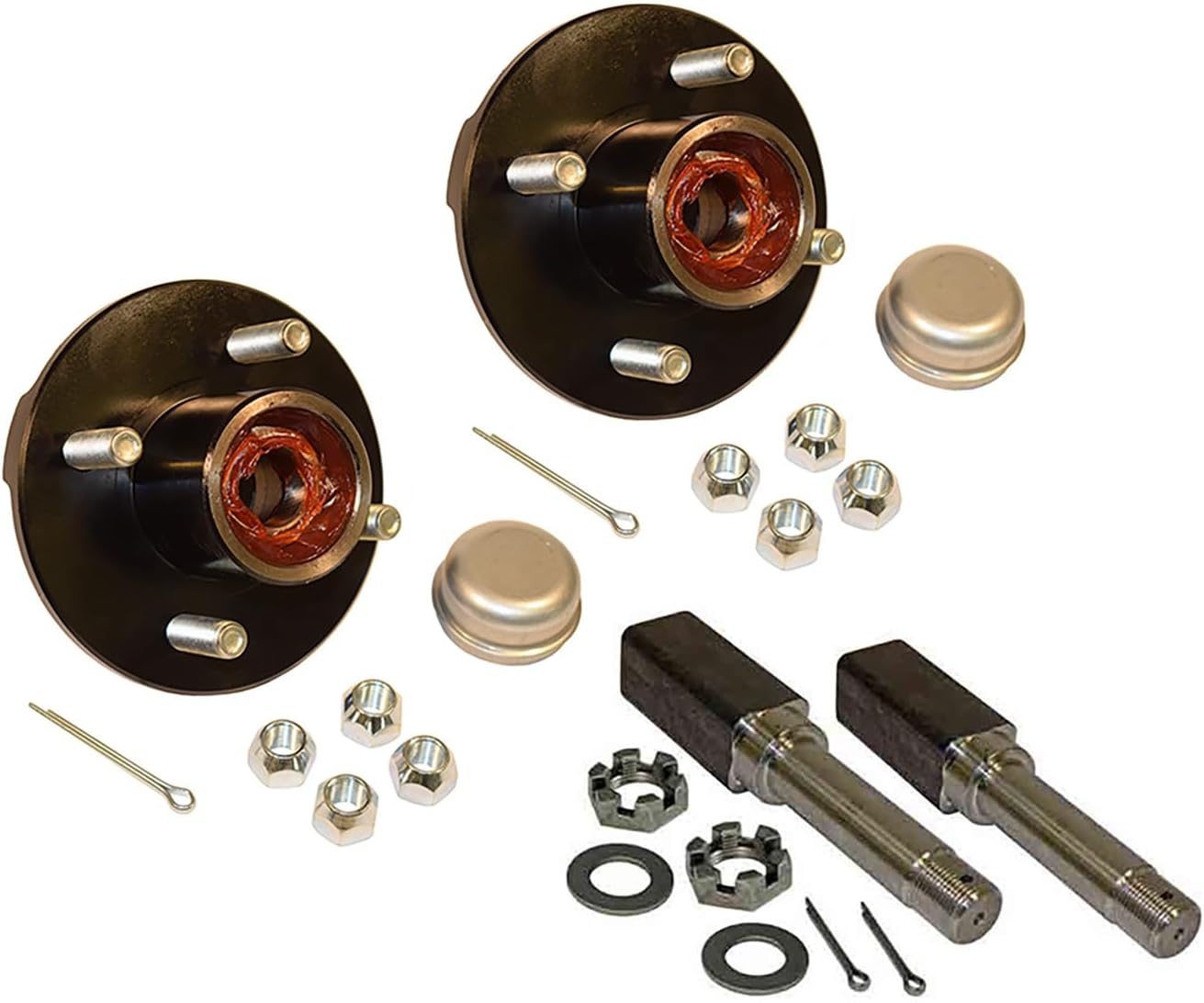 Pre-Greased Pair of 4-Bolt on 4 Inch Hub Assembly (AKSQ-200044-PG) Includes (2) Square Shaft 1 Inch Straight Spindles & Bearings
