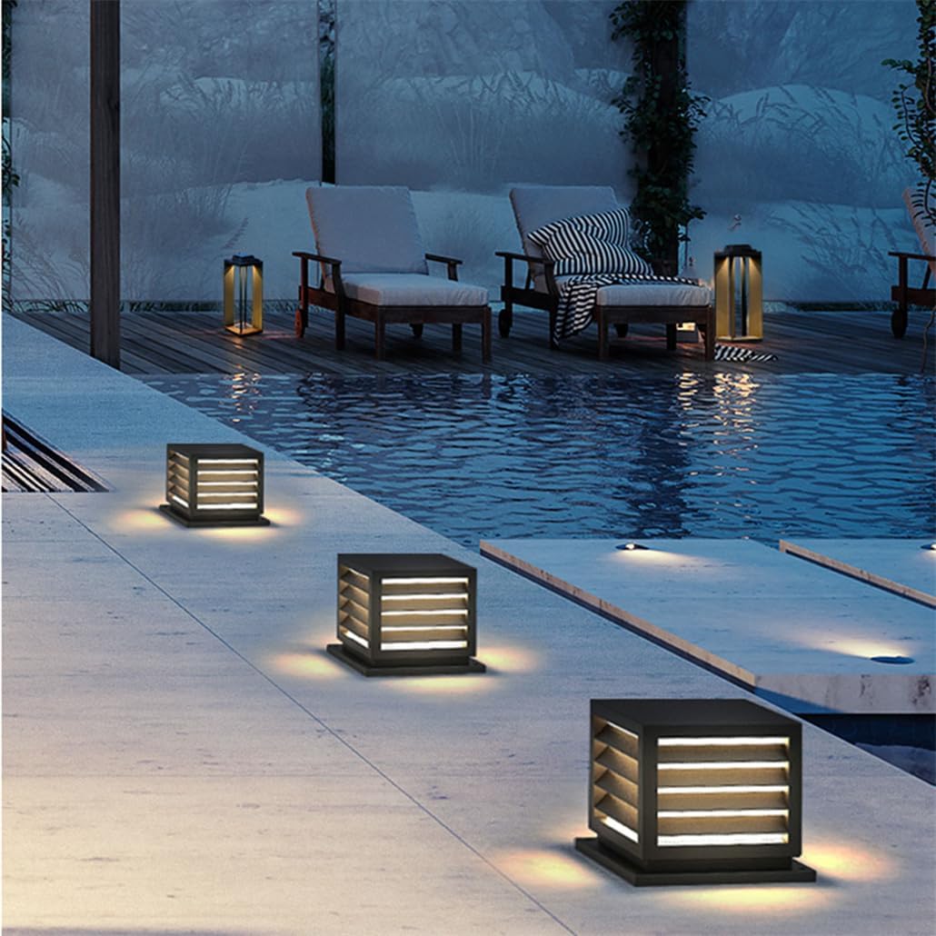 Modern Outdoor Metal Frame Column Cap Lamp for 4X4 Wooden Posts Unique Exterior Post Fixture for Garden Backyard and Porch.,25cm