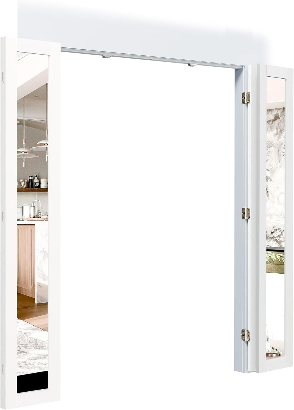 180 Degree Bifold Door, for 48″x 80″ Door Openings, White 1-Lite Mirrored Folding Door with Hinges Hardware Set, Full Access Bifold Closet Doors Perfect for Interior Openings