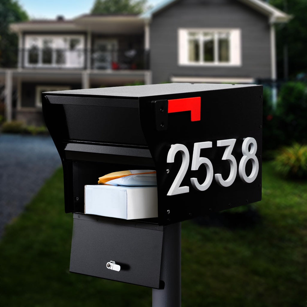 Whitehall MailVault Streetside Locking Mailbox, Personalize with Modern Stand-Off Address Numbers Package – Steel, Secure Weather Resistant Modern Square Mailbox (Black/White)