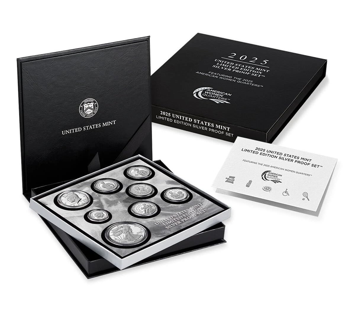 United States Mint 2025 Limited Edition Silver Proof Set, 8 Coins, American Women Quarters, Collector's Set with Box and Certificate of Authenticity